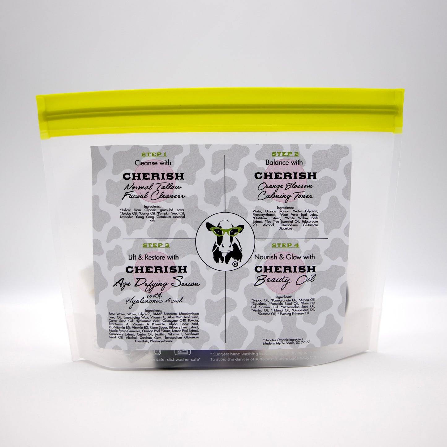 Product packaging with a label on a white background