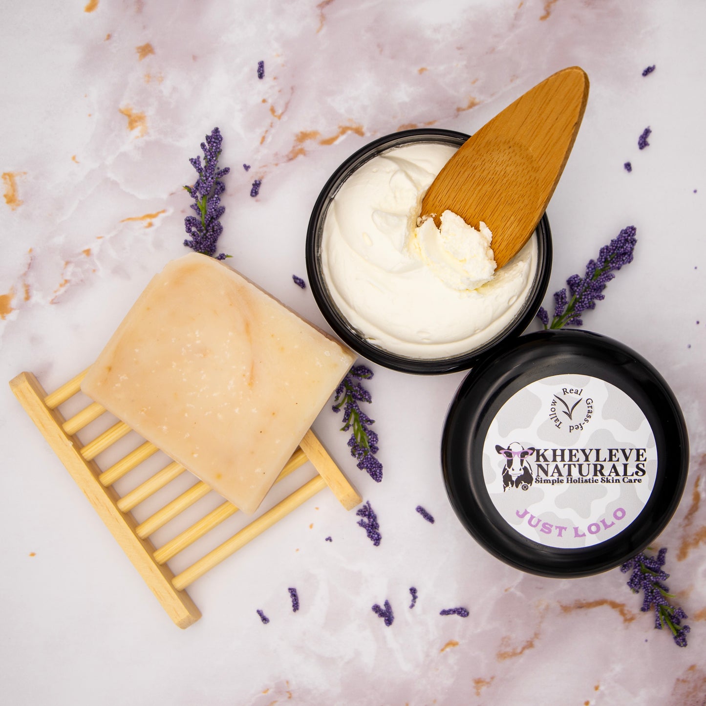 Bundle with tallow-based Lavender Just Lolo body butter and goat’s milk soap bar for moisturizing and nourishing skin.