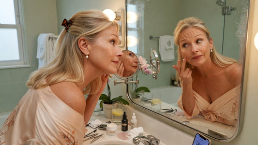 older beautiful lady looking at herself in the mirror. bathroom with ambient lighting surrounding her. 