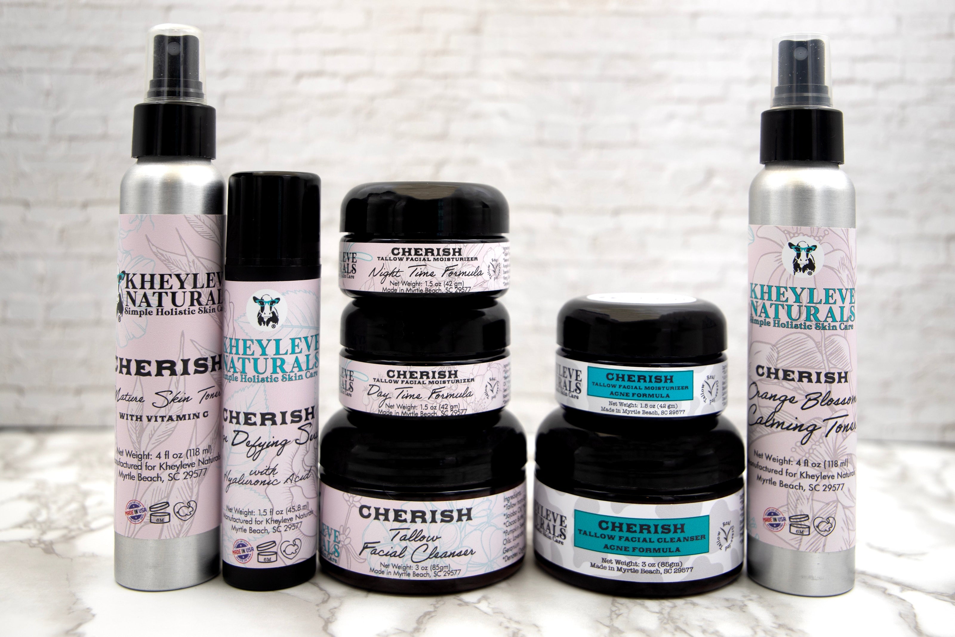 All of your favorite Cherish products: Normal and Acne cleanser, Daytime, Night time and Acne Moisturizer, ACV and Vitamin C Toner and Mature Skin Serum