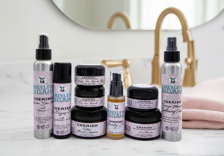 All of your favorite Cherish products: Normal and Acne cleanser, Daytime, Night time and Acne Moisturizer, ACV and Vitamin C Toner and Mature Skin Serum