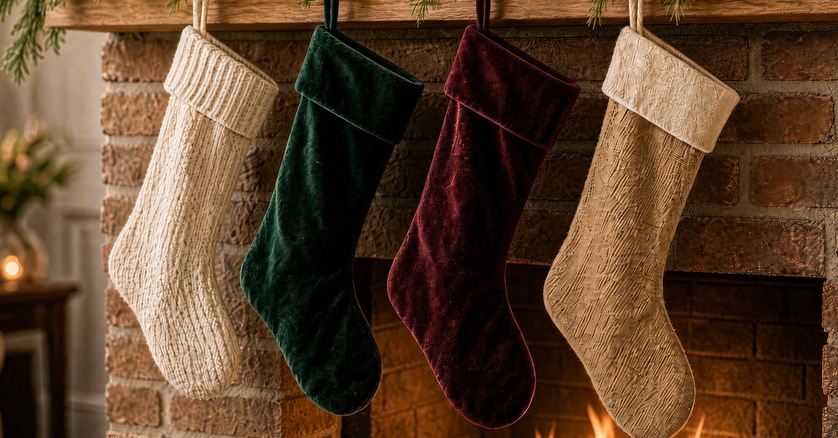 Four Christmas stockings in cream, forest green, burgundy, and tan velvet hang from a wooden mantel in front of a brick fireplace with a warm fire burning below.
