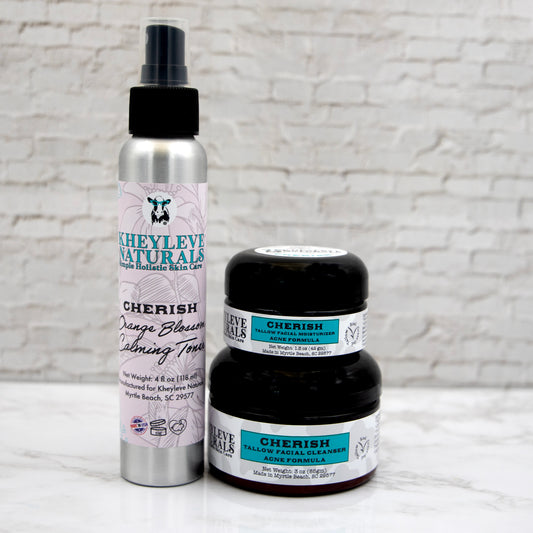 The Cherish Acne Kit uses a combination of traditional tallow and oil cleansing to effectively reduce breakouts and minimize the appearance of acne.