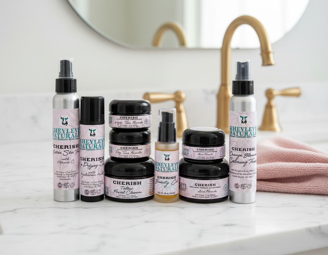 Collection of Cherish Beauty Naturals products on a bathroom counter with a mirror in the background.