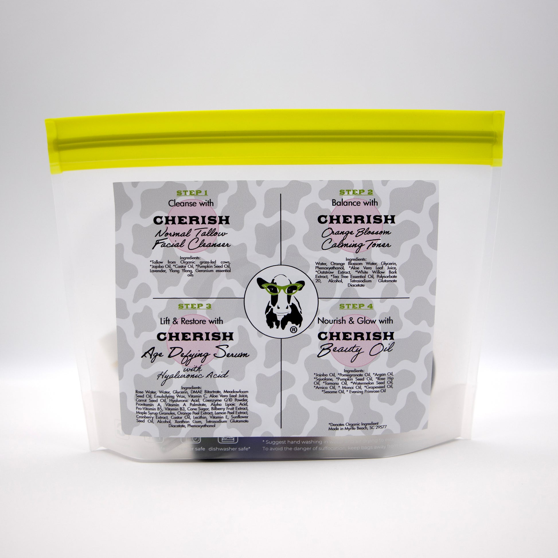 Product packaging with a label on a white background