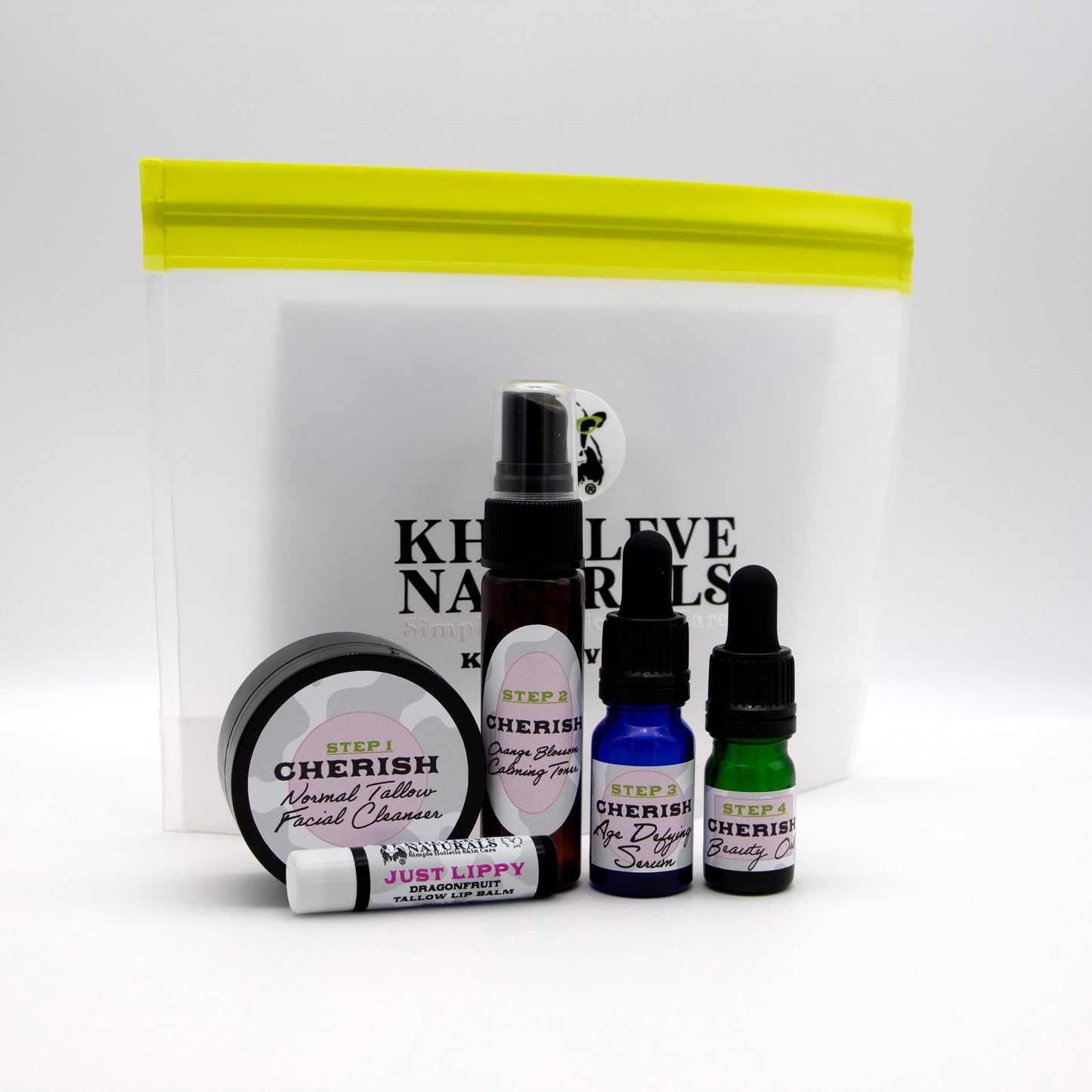 Set of skincare products with 'Kheyleve Naturals' branding on a white background