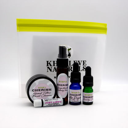 Set of skincare products with 'Kheyleve Naturals' branding on a white background