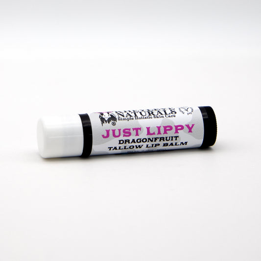 Lip balm stick with 'Just Lippy' and 'Dragonfruit' text on a white background
