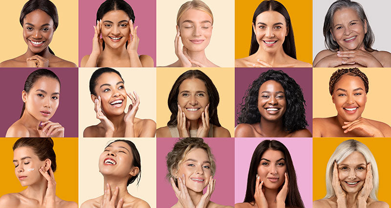 Grid of diverse women with various hairstyles and skin tones on a colorful background