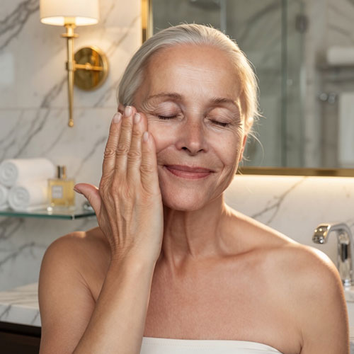 Woman in a bathroom touching her face, with a neutral background