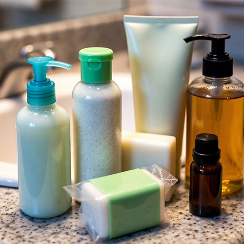 Assorted skincare products including bottles, a tube, and a bar of soap on a bathroom counter.