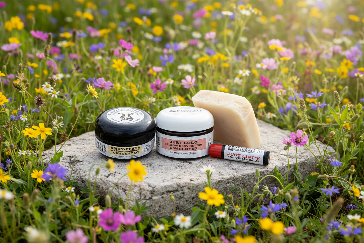 Cosmetic products on a stone slab with a field of wildflowers in the background