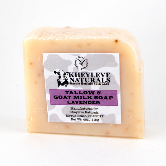 Our Lavender Tallow Soap Bar combines grass-fed tallow, goat milk, and aloe vera extract with a nourishing blend of oils and the soft floral scent of lavender essential oil.