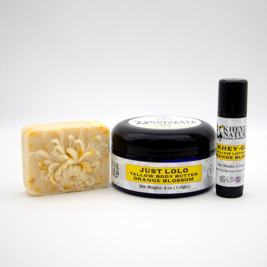 Orange Blossom Gift Set is a bright, refreshing trio that hydrates, smooths, and revives dull, dry skin—naturally
