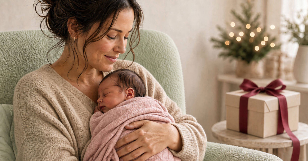 A woman in a beige sweater cradles a sleeping newborn baby wrapped in a soft pink blanket while sitting on a light green armchair. The background shows a cozy, softly lit room with a small gift box on a side table and a blurred Christmas tree with warm lights.