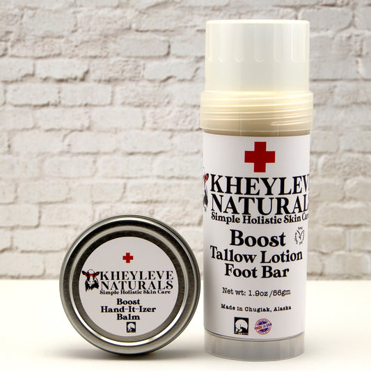 We have you covered with our Boost Hand-IT-Tizer and Boost Foot Lotion Bar! Helps optimize your body's natural immune system, while keeping feet and hands moisturized! Use the Boost Foot Bar at night before bed and again in the morning. Carry the Hand-IT-Tizer with you for on the go moisture and added germ defense after washing your hands.