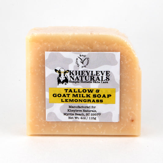 Grass fed tallow soap bar with lemongrass essential oil on white background